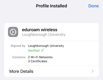 iOS profile installed confirmation for eduroam network